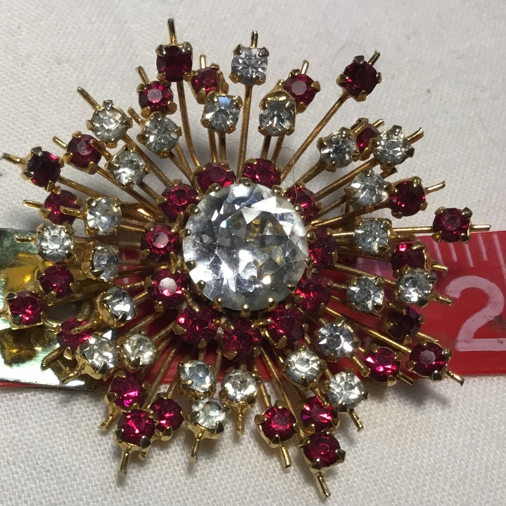 Austrian Crystal starburst brooch sparkles ruby